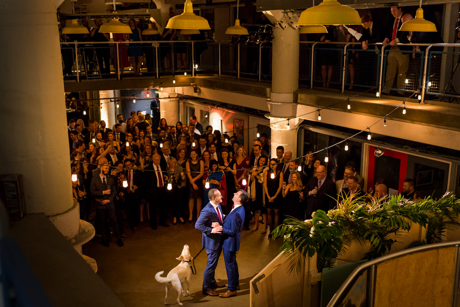 this wedding was at the Torpedo Factory in Alexandria, Virginia, This photo was featured on Fearless Photographers and also won a World's Best Wedding Photography Award, the photo shows two grooms at their first dance, I photographed it from a second level of the building so you can see the crowd of people behind and around them on two levels, their pup was with them, they did their first dance with their dog, dogs at weddings, gay wedding, two grooms, laughing and having a great time on their first dance, Procopio Photography, best top Washington DC photographer, best top Maryland photographer, best top Virginia photographer, best top DMV photographer, best top wedding photographer, best top commercial photographer, best top portrait photographer, best top boudoir photographer, modern fine art portraits, dramatic, unique, different, bold, editorial, photojournalism, award winning photographer, published photographer, memorable images, be different, stand out