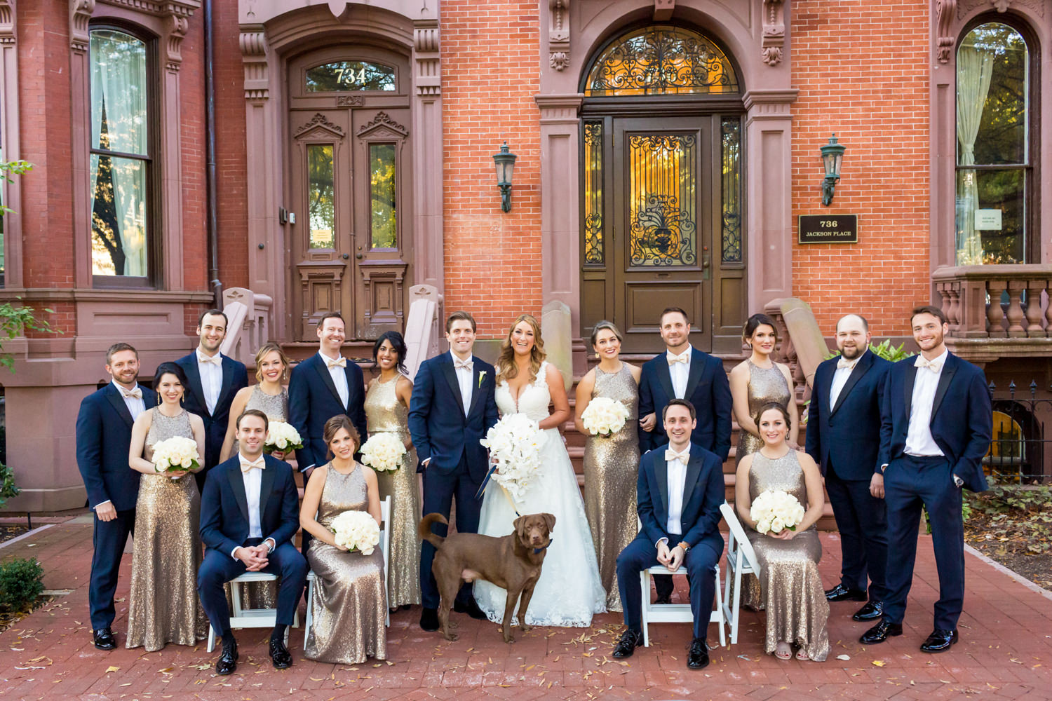 This was a Decatur House wedding, Decatur house is the closest venue to the White House in Washington DC, this bridal party, wedding party photo was taken on the same block as the venue, overlooking Lafayette Park, The bridal party is sitting and standing in a modern, editorial look, they even have their dog in the photo, dogs at weddings, pup ring bearer, Procopio Photography, best top Washington DC photographer, best top Maryland photographer, best top Virginia photographer, best top DMV photographer, best top wedding photographer, best top commercial photographer, best top portrait photographer, best top boudoir photographer, modern fine art portraits, dramatic, unique, different, bold, editorial, photojournalism, award winning photographer, published photographer, memorable images, be different, stand out