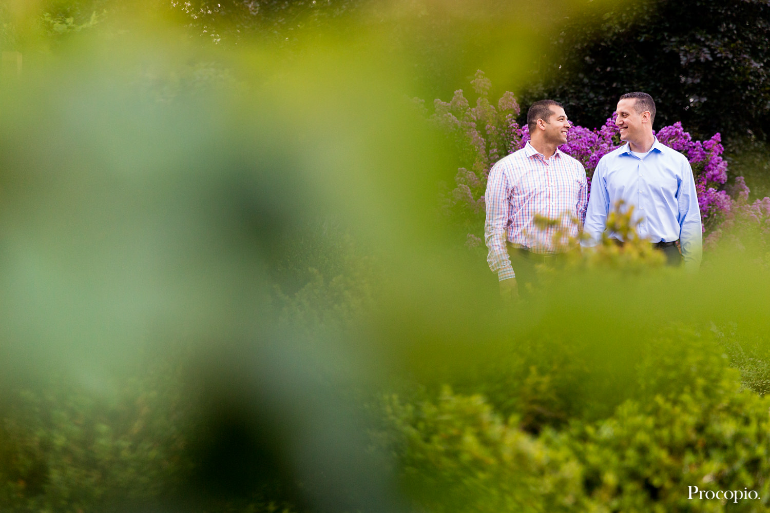 This engagement session was at The Bishop's Garden at the Washington Cathedral in Washington DC, The sun caught my lens in a very unique way as it shined through a rose petal, I was able to frame the gay couple within the pink rim of light, Groom and groom and cuddling in the garden, Procopio Photography, best top Washington DC photographer, best top Maryland photographer, best top Virginia photographer, best top DMV photographer, best top wedding photographer, best top commercial photographer, best top portrait photographer, best top boudoir photographer, modern fine art portraits, dramatic, unique, different, bold, editorial, photojournalism, award winning photographer, published photographer, memorable images, be different, stand out, engagement photography