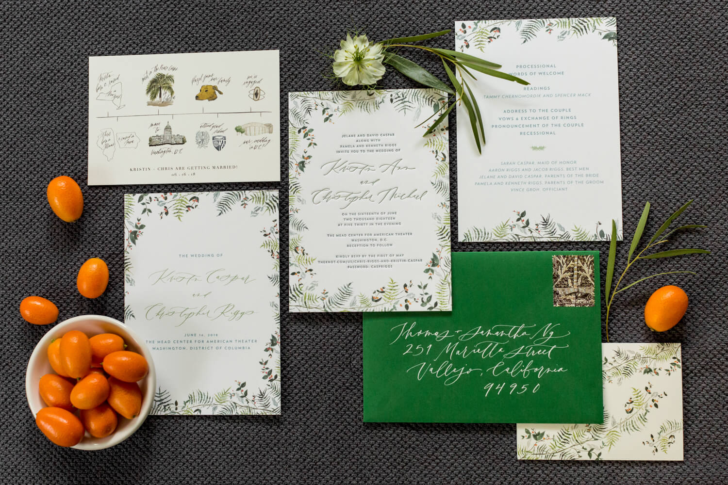 green and orange flat lay, lay flat, kumquats were added to their floral arrangements because the bride's grandma loved them, botanical, fresh and bright invitations