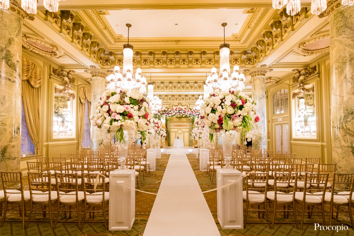 Opulent gold and white ceremony and white rose floral decor - Perfect Planning Events - best Washington DC wedding planner - photo by Procopio Photography