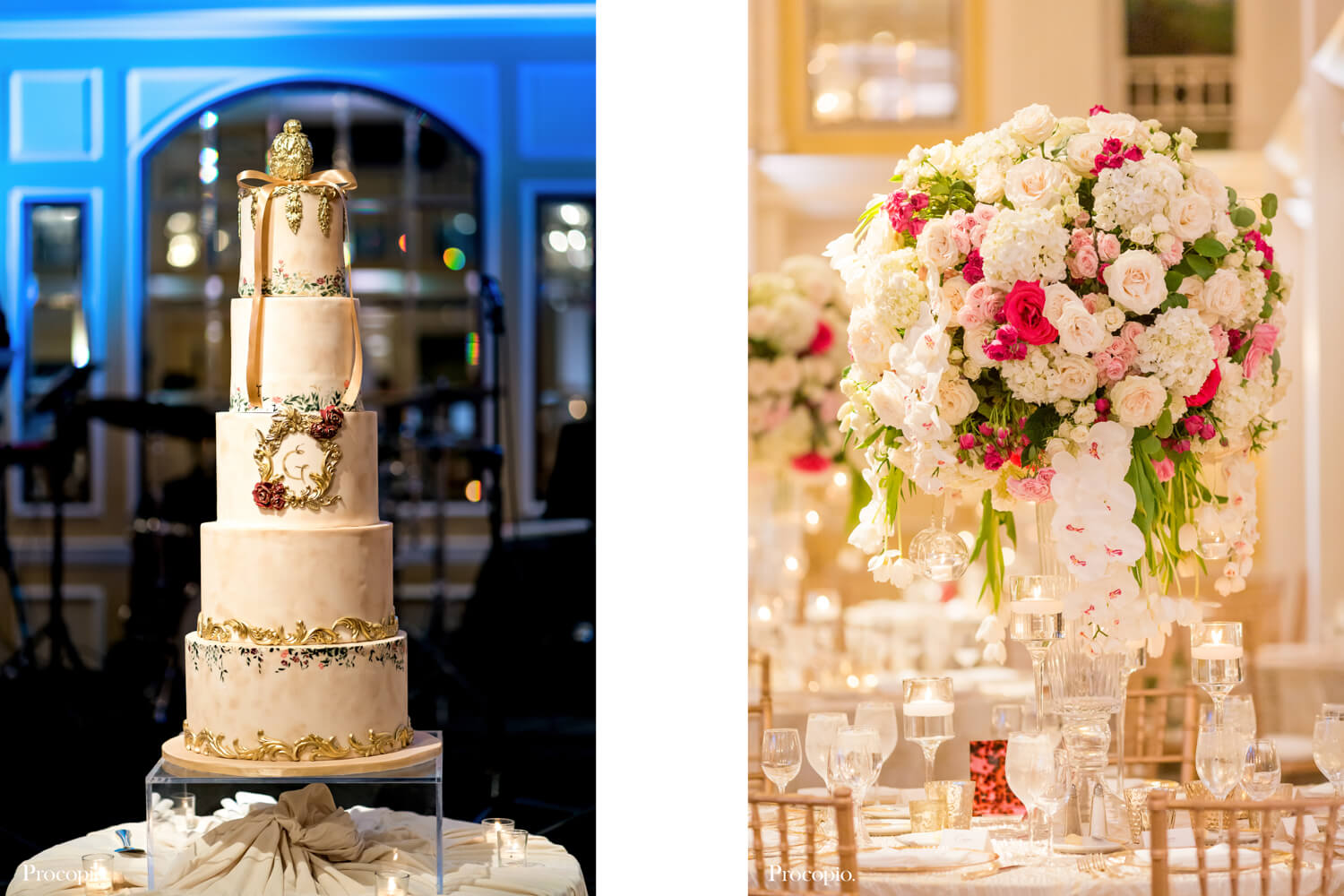 5 tier wedding cake and white rose centerpiece  - Perfect Planning Events - best Washington DC wedding planner - photo by Procopio Photography