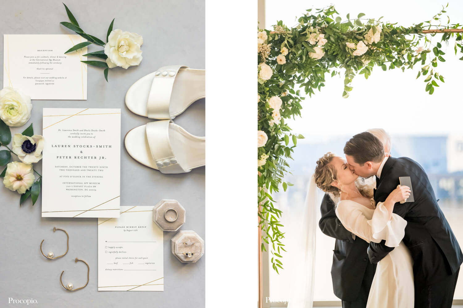 White invitation and floral arbor - best Washington DC wedding planner - The Plannery - photo by Procopio Photography